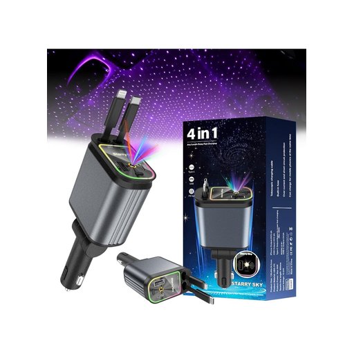 شاحن سيارة للهواتف (Type-C + Lightning) قابل للسحب، مزود بخاصية عرض نجوم على سقف السيارة | إكسسوارات سيارات - شحن سريع 4 في 1 Retractable Type C +iOS Car Mobile Charger with Roof Starry Projection | Car Accessories | 4 in 1 | Fast Charging