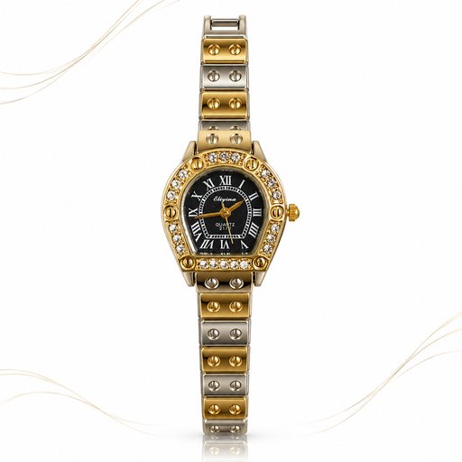 ساعة نسائية بميناء أسود وسوار ذهبي وفضي من Eliyina Eliyina Women's Two-Tone Watch with Black Dial