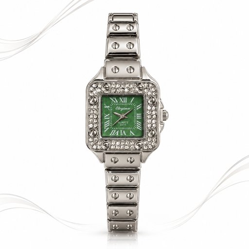 ساعة نسائية فضية مربعة بميناء أخضر من Eliyina Eliyina Women's Silver Square Green Dial Watch