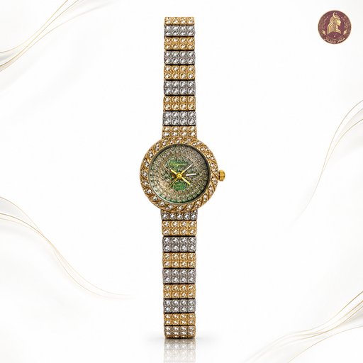 ساعة نسائية مرصعة بميناء أخضر وسوار ذهبي وفضي من Eliyina Eliyina Two-Tone Crystal Watch with Green Dial