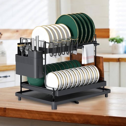 مجفف أطباق (مطبخ) معدني مكون من طابقين باللون الأسود المطفي 2-tier matte black metal dish drying rack