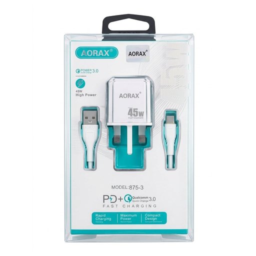 شاحن اوراكس ٤٥ واط تايب سي ويو اس بي شحن سريع AORAX charger 45 w 2port type c USB SUPER FAST