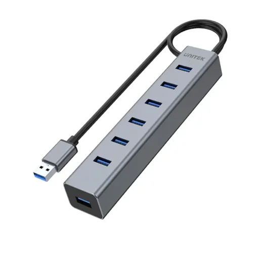 يونيتيك Y-3090 موزع يو إس بي 3.0 بـ 7 منافذ مزود بالطاقة - ألمنيوم UNITEK Y-3090 7-Port USB 3.0 Powered Hub - Aluminum