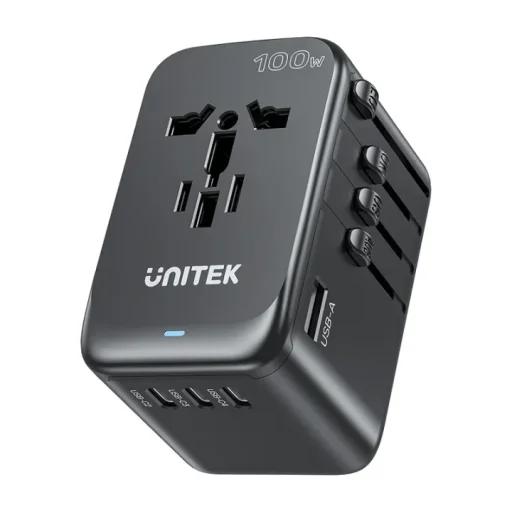 يونيتيك P1123ABK01 محول سفر عالمي GaN مع يو إس بي-سي 100 واط بي دي - EU/US/UK/AUS أسود UNITEK P1123ABK01 Universal GaN Travel Adapter with 100W USB-C PD - EU/US/UK/AUS Black