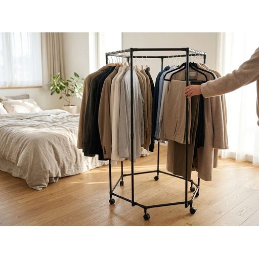 ستاند ملابس دوار 360 درجة مع عجلات، هيكل معدني 360-Degree Rotating Clothes Rack with Wheels, Black Metal Frame