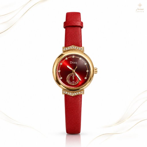 ساعة Disu الملكية الحمراء بالهيكل الذهبي المرصع | من متجر عشتار Disu Royal Red & Rose Gold Leather Watch | Ishtar Store