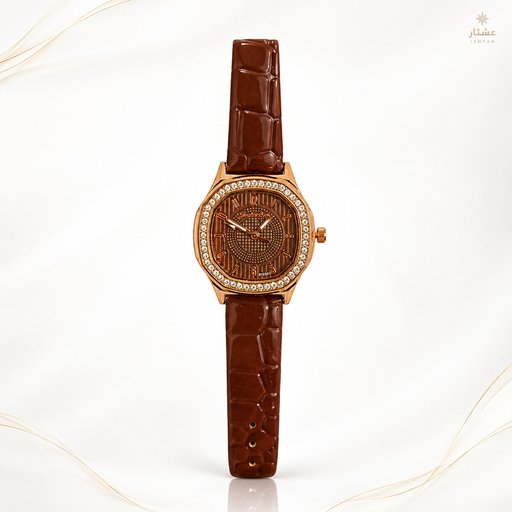 : ساعة الكلاسيك البنية ذات الميناء المثمن والهيكل المرصع | من متجر عشتار Classic Brown Octagon Leather Watch with Crystal Bezel |  Ishtar Store