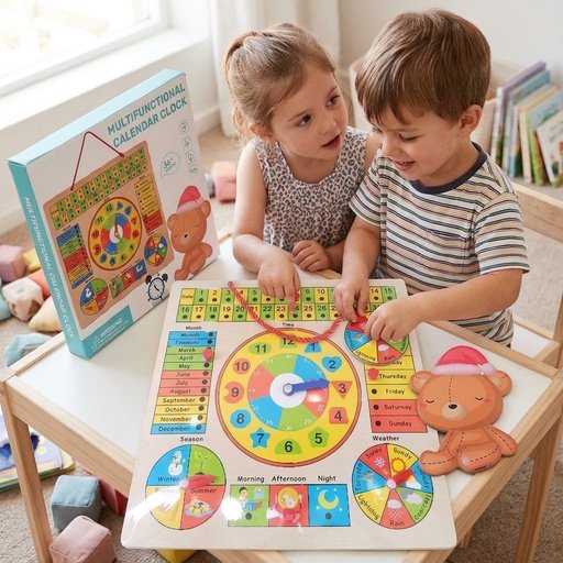 ساعة التقويم الخشبية التعليمية متعددة الوظائف للأطفال Multifunctional Wooden Calendar and Clock Learning Board for Kids