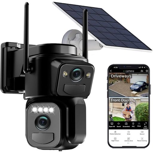 كاميرا مراقبة خارجية لاسلكية بعدستين مزدوجتين تعمل بالطاقة الشمسية wireless outdoor dual-lens solar security camera featuring a PTZ (pan-tilt-zoom) body, dual cameras