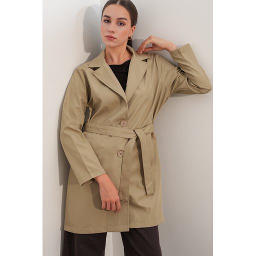معطف ترنش نسائي قصير بحزام 5990 - بيج فاتح Women's Belted Short Trench Coat 5990 - Light Beige