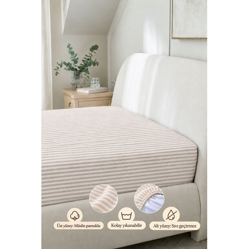 ملاية سرير موسلين مطاطية مقاومة للماء 90x190x20 سم - بيج بخطوط سميكة Muslin Fitted Waterproof Bed Sheet 90x190x20 cm - Beige Thick Striped