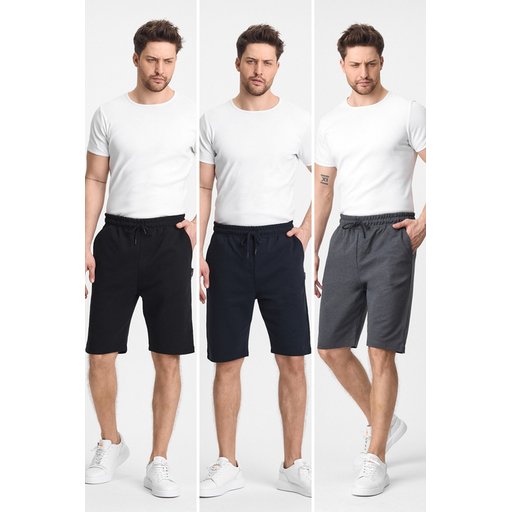شورت رجالي 3 قطع بقصة مريحة بخصر مطاطي وجيوب جانبية - أسود، كحلي، أنثراسيت Men's 3-Pack Regular Fit Comfortable Shorts with Elastic Waist and Side Pockets - Black, Navy, Anthracite