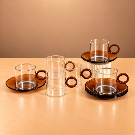 طقم فناجين قهوة زجاجية مع صحون – عسلي Amber Glass Coffee Cups with Saucers Set