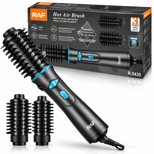 فرشاة تصفيف وتجفيف الشعر بالهواء الساخن راف 1200 واط R.0430 RAF Hot Air Brush Hair Dryer & Styler 1200W R.0430