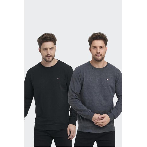 طقم سويتشيرت رجالي قطعتين بقبة دائرية وتطريز - أسود ورمادي فحمي Men's Black-Anthracite Crew Neck Embroidered Regular Fit 2-Pack Sweatshirt