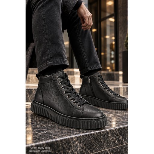 حذاء Muggo DREX رجالي شتوي يومي جلد طبيعي برباط ونعل سميك - أسود Muggo DREX Men's Genuine Leather Lace-Up Thick Sole Casual Winter Boot - Black