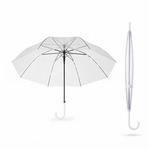 مظلة شفافة كلاسيكية بمقبض أبيض وقطر 110 سم Classic transparent umbrella with a white handle and a diameter of 110 cm
