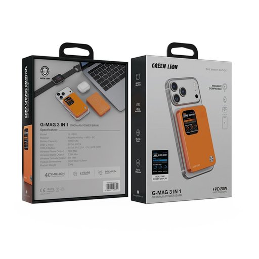 شاحن متنقل جرين ليون جي ماج 3 في 1 بسعة 10000 مللي أمبير وقوة 20 واط مع شاشة ذكية Green Lion G-MAG 3 in 1 10000mAh 20W Power Bank with Real-Time Display
