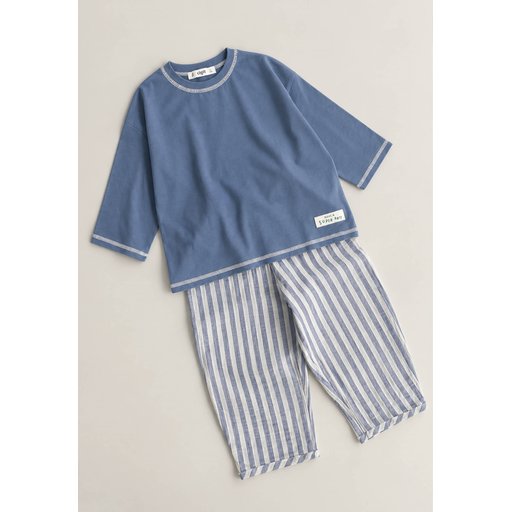 طقم بنطلون بقصة واسعة للأطفال 2-10 سنوات - نيلي مخطط سميك Kids' Wide-Leg Pants Set 2-10 Years - Indigo Thick Striped