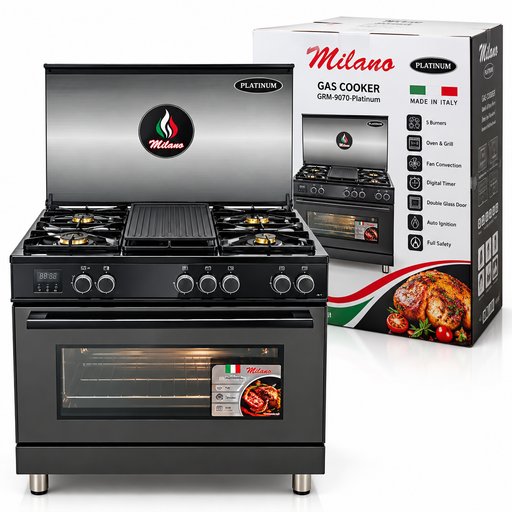طباخ غاز ميلانو بلاتينيوم 5 شعلات مع فرن وشواية – أسود ستيل Milano Platinum 5 Burner Freestanding Gas Cooker with Oven & Grill – Black Steel