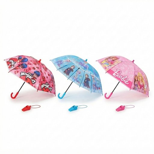 مظلة أطفال ملونة بشخصيات كرتونية وصفارة مرفقة Colorful children’s umbrella featuring cartoon characters, with an attached whistle