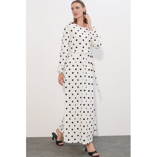 فستان نسائي طويل منسوج منقط 1525 - أبيض 1525 Women's Long Knitted Polka Dot Dress - White