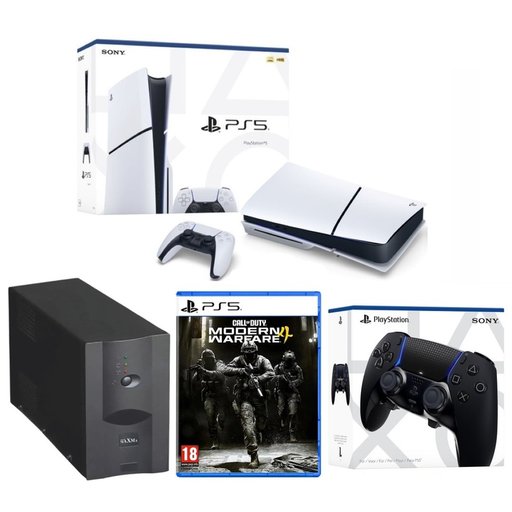 باندل بلايستيشن 5 سليم مع يو بي اس 1500 ويدة DualSense Edge سوداء ولعبة مودرن وورفير 4 PlayStation 5 Slim Bundle with 1500VA UPS, DualSense Edge Black & Modern Warfare 4