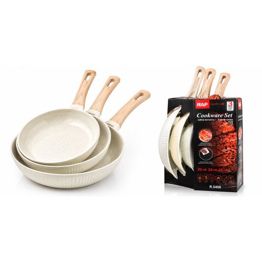 طقم مقالي راف 3 قطع بمقابض خشبية لون كريمي R.5408 RAF 3-Piece Frying Pan Set with Wood-Look Handles R.5408