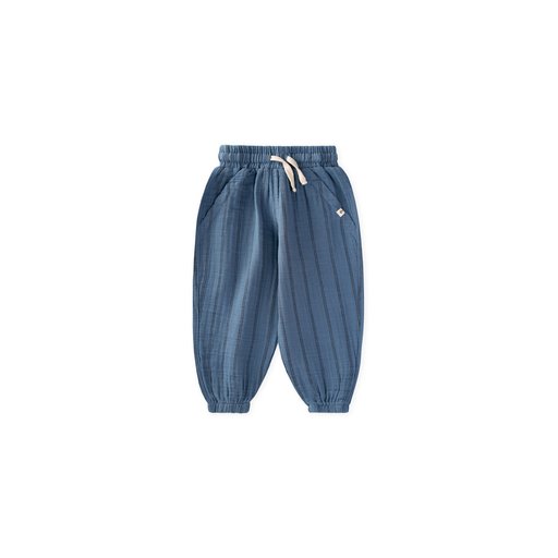 بنطلون شالوار موسلين للأطفال 1-6 سنوات - نيلي بخطين مزدوجين Muslin Harem Pants for Kids 1-6 Years - Indigo Double Striped