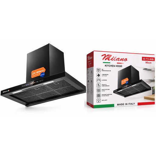 شفاط مطبخ ميلانو 90 سم أسود بمحرك انفيرتر DC – موديل ID-T2-90B Milano 90cm Black Kitchen Hood DC Inverter – ID-T2-90B