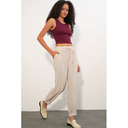 بنطلون نسائي مخطط من الكتان 30102 - فوشيا Women's Striped Linen Trousers 30102 - Fuchsia