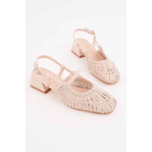 Muggo MESH حذاء نسائي بكعب قصير مفتوح من الخلف بتصميم شبكي ومضفر - بيج Muggo MESH Women's Knit & Mesh Detail Strappy Open Back Low Heel Shoes - Beige