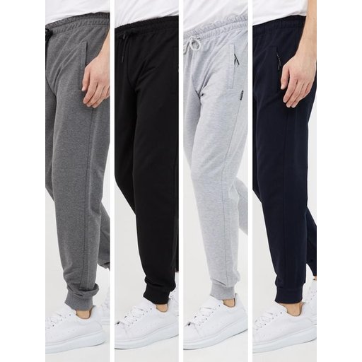 Men's 4-Piece Tracksuit Bottoms Set, Black-Navy-Anthracite-Grey, Ribbed Cuffs with Zipper Detail