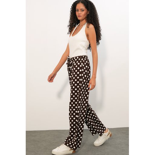 بنطلون نسائي واسع الساق منقط 30116 - بني Women's Wide Leg Polka Dot Trousers 30116 - Brown