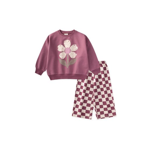 طقم سويتشيرت بناتي بنقشة - وردي عتيق (2-8 سنوات) Girls' Patterned Sweatshirt Set - Antique Pink (2-8 Years)