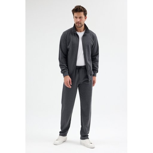 طقم رياضي رجالي مريح بجيوب قطن بوليستر بقصة عادية لون أنثراسيت Men's Cotton Polyester Regular Fit Comfortable Tracksuit with Pockets - Anthracite