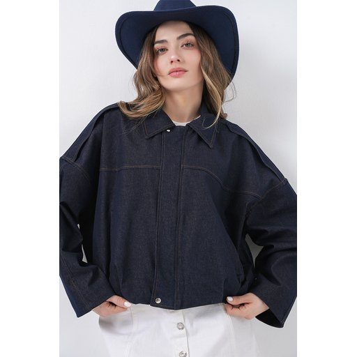 جاكيت بومبر نسائي جينز 0737 - كحلي Women's Denim Bomber Jacket 0737 - Navy Blue