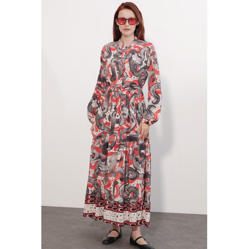 فستان نسائي طويل محتشم بنقشة 2586 - نار Women's Patterned Long Modest Dress 2586 - Nar