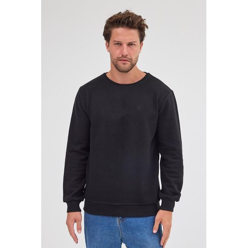 سويت شيرت رجالي أسود بياقة دائرية، قصة عادية، قطن أساسي Men's Black Standard Fit Regular Cut Cotton Basic Crew Neck Sweatshirt