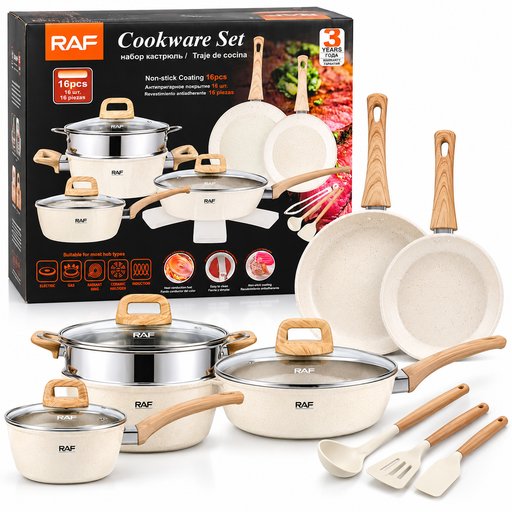 طقم قدور ومقالي راف 16 قطعة غير لاصق لون بيج موديل R.80012 RAF 16 Pieces Non-Stick Cookware Set Beige R.80012