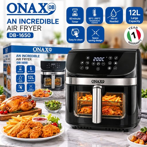 قلاية هوائية رقمية أوناكس 12 لتر، 1800 واط – أسود وفضي ONAX Digital Air Fryer 12L 1800W – DB-1650