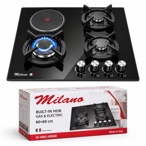 طباخ غاز ميلانو بلت إن 60×60 سم زجاج أسود 3 شعلات وعين كهربائية Milano Built-in Gas & Electric Hob 60×60 cm Black Glass – 4 Cooking Zones