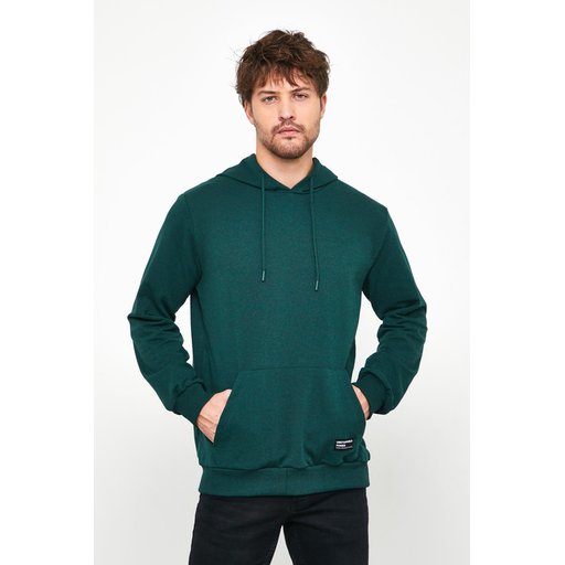 سويتشيرت رجالي بغطاء رأس وجيب كانجارو - أخضر داكن Men's Dark Green Hooded Kangaroo Pocket Sweatshirt