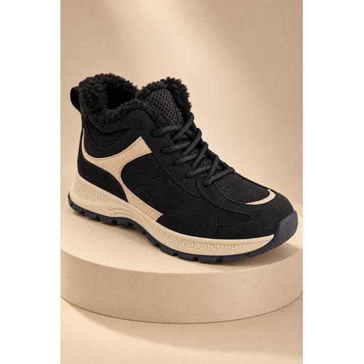 Muggo NORTEX حذاء سنيكرز نسائي شتوي بفرو وسحاب ونعل سميك - أسود Muggo NORTEX Women's Fur-Lined Zipper Thick Sole Lace-Up Winter Sneaker Boots - Black