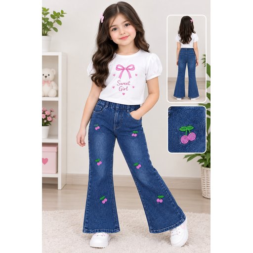 بنطرون جينز بناتي Girls' Cherry Embroidered Jeans