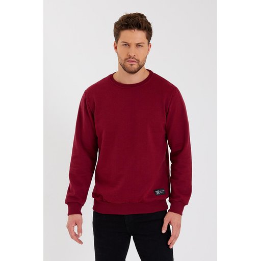 سويتشيرت رجالي بياقة دائرية وتفاصيل ملصق، مبطن بالقطن - BORDO Men's Crew Neck Cotton Lined Sweatshirt with Label Detail - BORDO