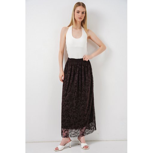 تنورة نسائية مبطنة بطبعة فلوك 8076 - بني Women's Flocked Print Lined Skirt 8076 - Brown