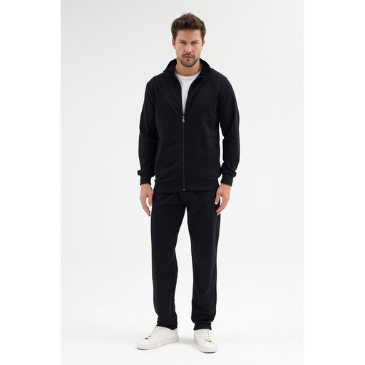 طقم تريننج رجالي أسود بجيوب، قطن، قصة مريحة Men's Black Cotton Regular Fit Tracksuit Set with Pockets