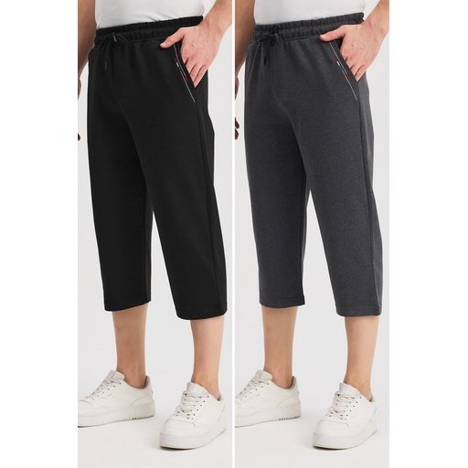 شورت برمودا رجالي طويل 2 في 1 بجيوب جانبية وخصر مطاطي قابل للتعديل - أسود/فحمي Men's 2-Pack Bermuda Long Shorts with Side Pockets & Adjustable Elastic Waist - Black/Anthracite