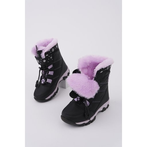 حذاء أطفال بناتي MUGGO TIGGER شتوي مبطن بالفرو برباط وشريط لاصق - أسود MUGGO TIGGER Girls' Fur-Lined Lace-Up & Velcro Winter Boots - Black